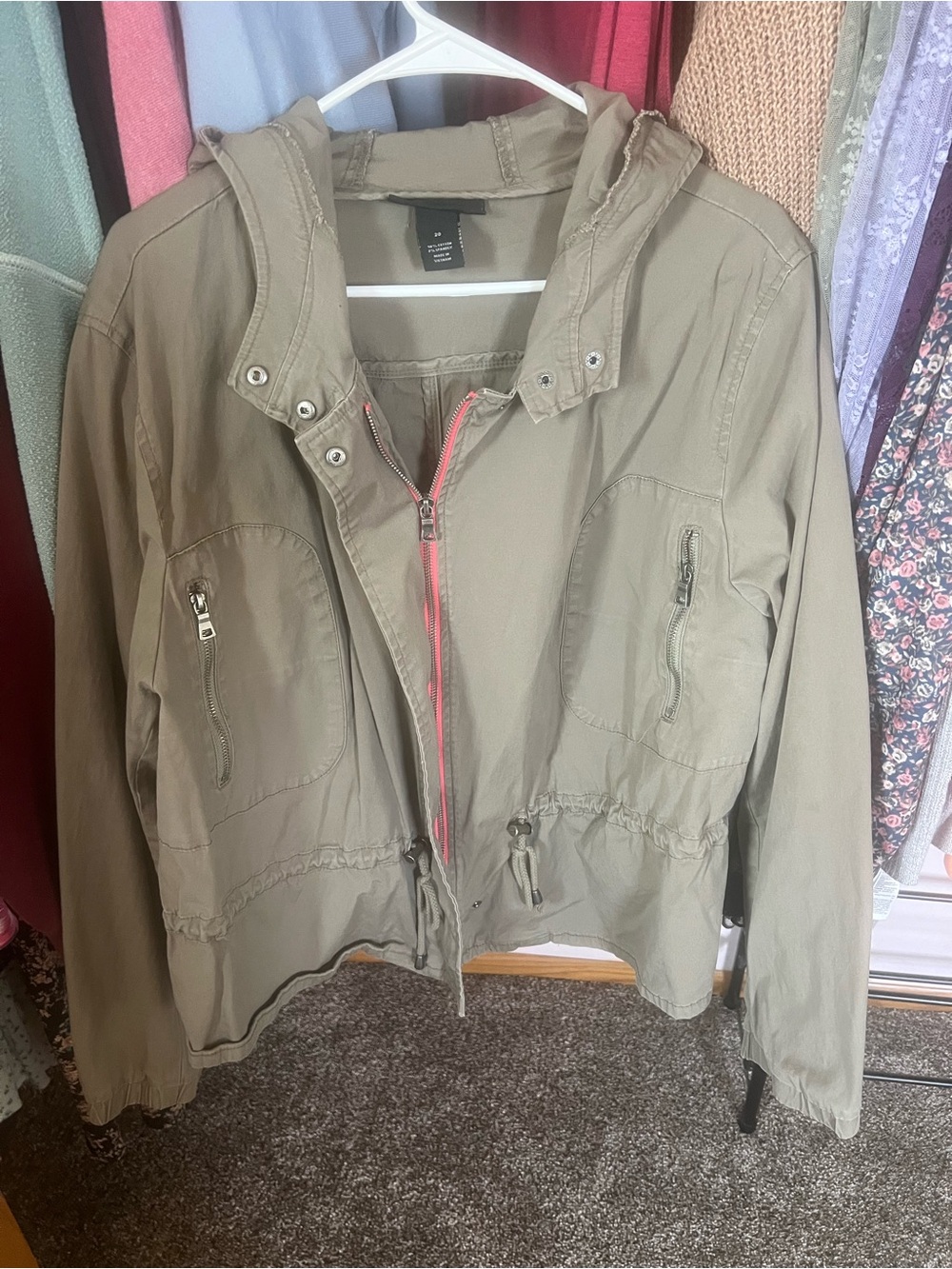 Lane Bryant Olive Utility Hooded Jacket with Pink Zip Accent